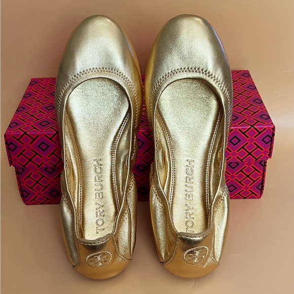 Tory Burch Eddie Gold Nappa Ballet Leather Flats Size 8 - Picture 5 of 16